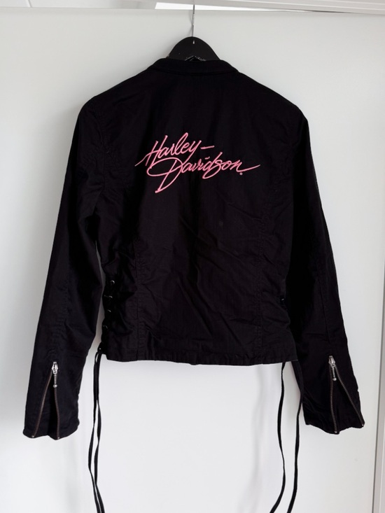 Harley-Davidson Jackets & Blazers - Harley-Davidson Black Cotton Side Lace Up Moto Jacket Pink Script Logo S